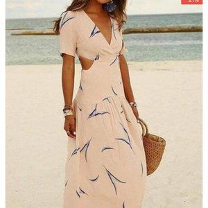 Vacation Print Hollowed Put V Neck A Line Maxi Dress